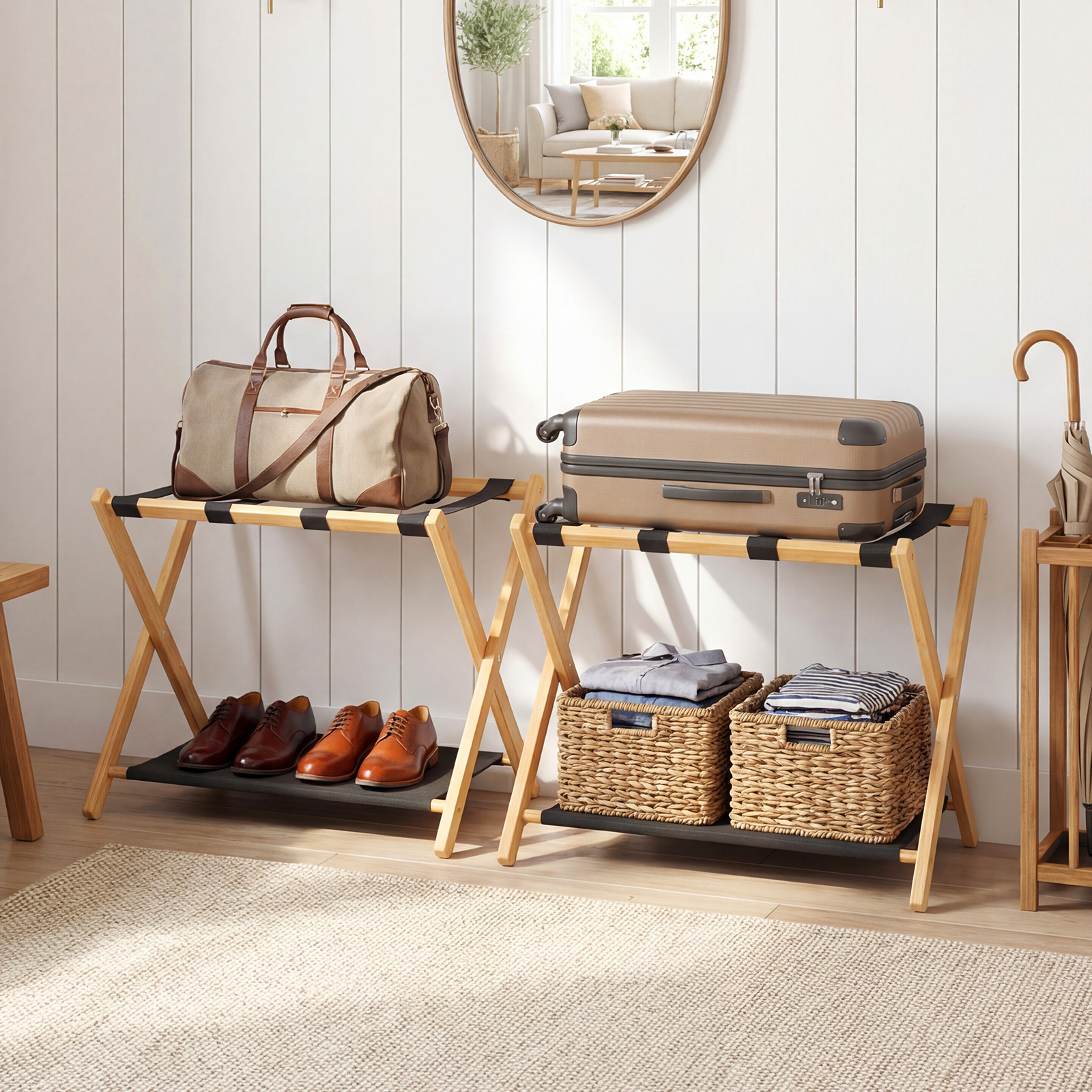 2er Set Klappbarer Kofferständer mit Nylonriemen & Oxford-Stoff Ablagen Gepäckablage Natur