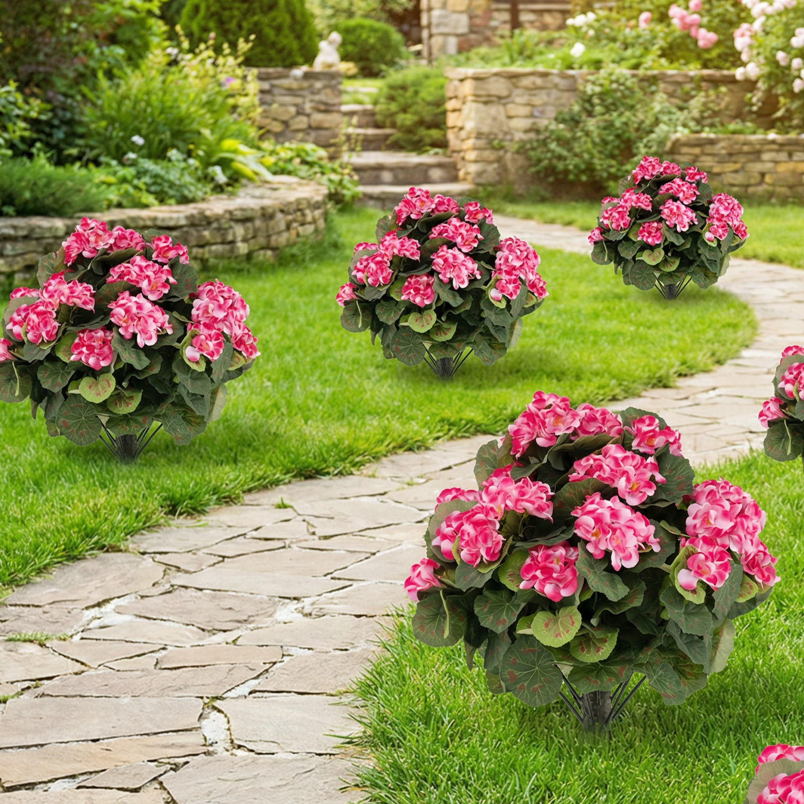 2er Set Künstliche Geranien mit realistischer PE-Stamm & Seidenblumen & -blätter Rosa