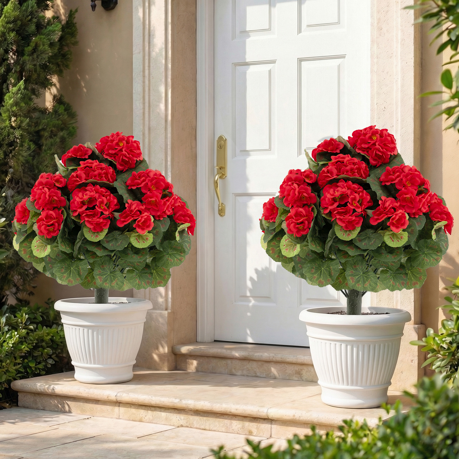 2er Set Künstliche Geranien mit realistischer PE-Stamm & Seidenblumen & -blätter Rot