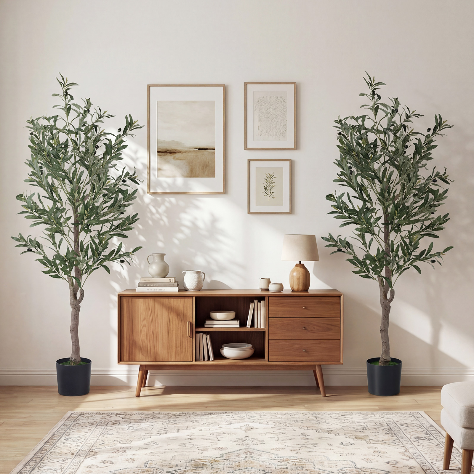 2er Set Künstlicher Olivenbaum mit Realistisch Früchten & Moos Moderne Künstliche Topfbäume