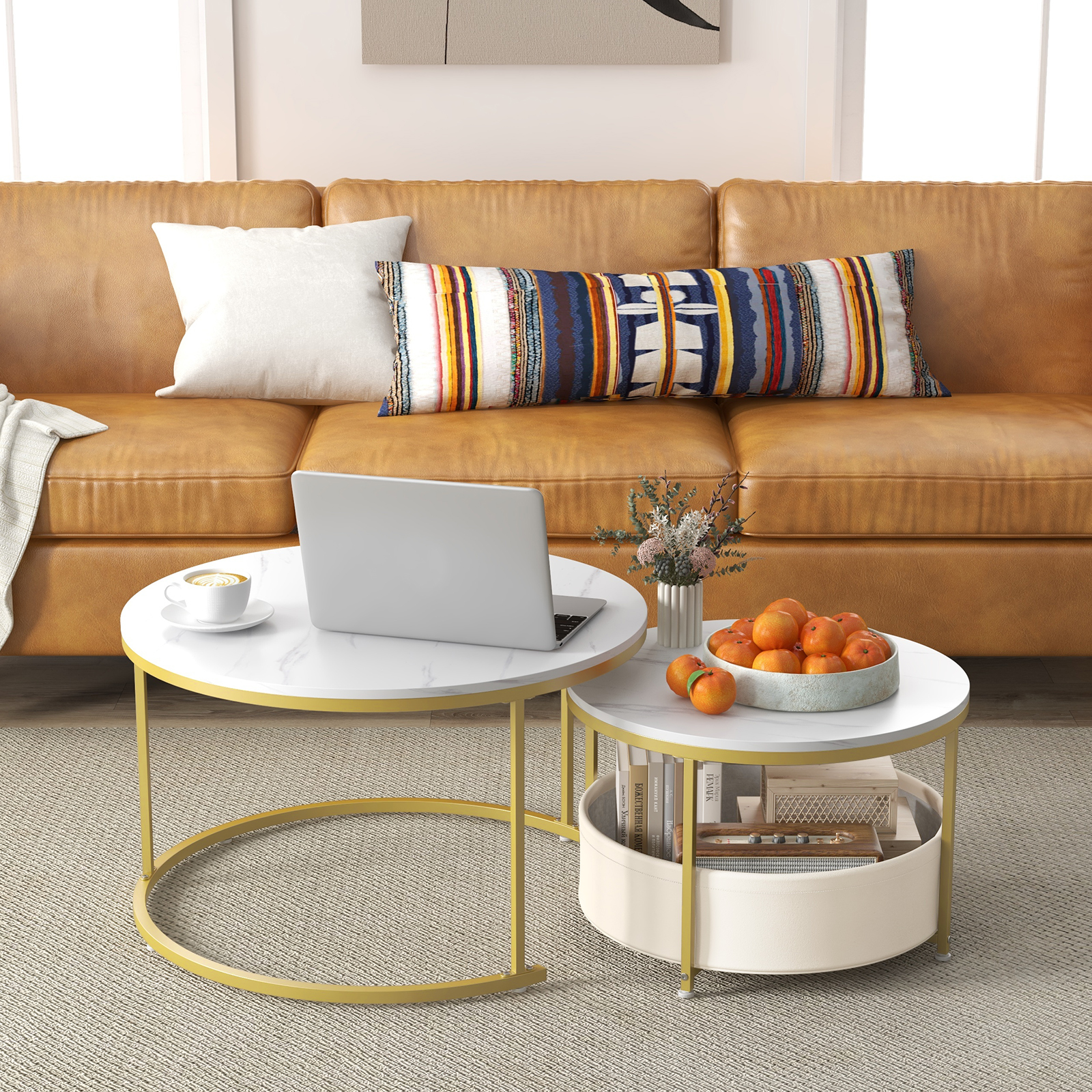 2er-Set runder Couchtisch runde Cocktailtische mit Stoff-Aufbewahrungskorb & Metallrahmen verschachtelbarer Beistelltisch Weiß