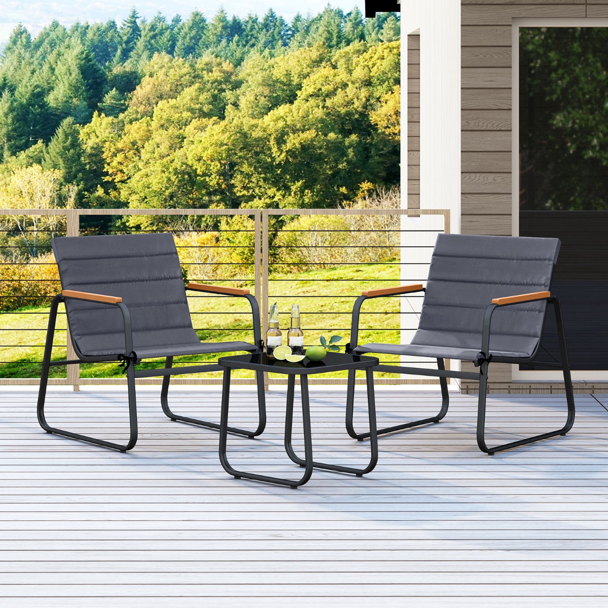 3-teiliges Bistro-Set für die Terrasse Outdoor-Gesprächsgruppe mit Polstern & Glas-Couchtisch Schwarz