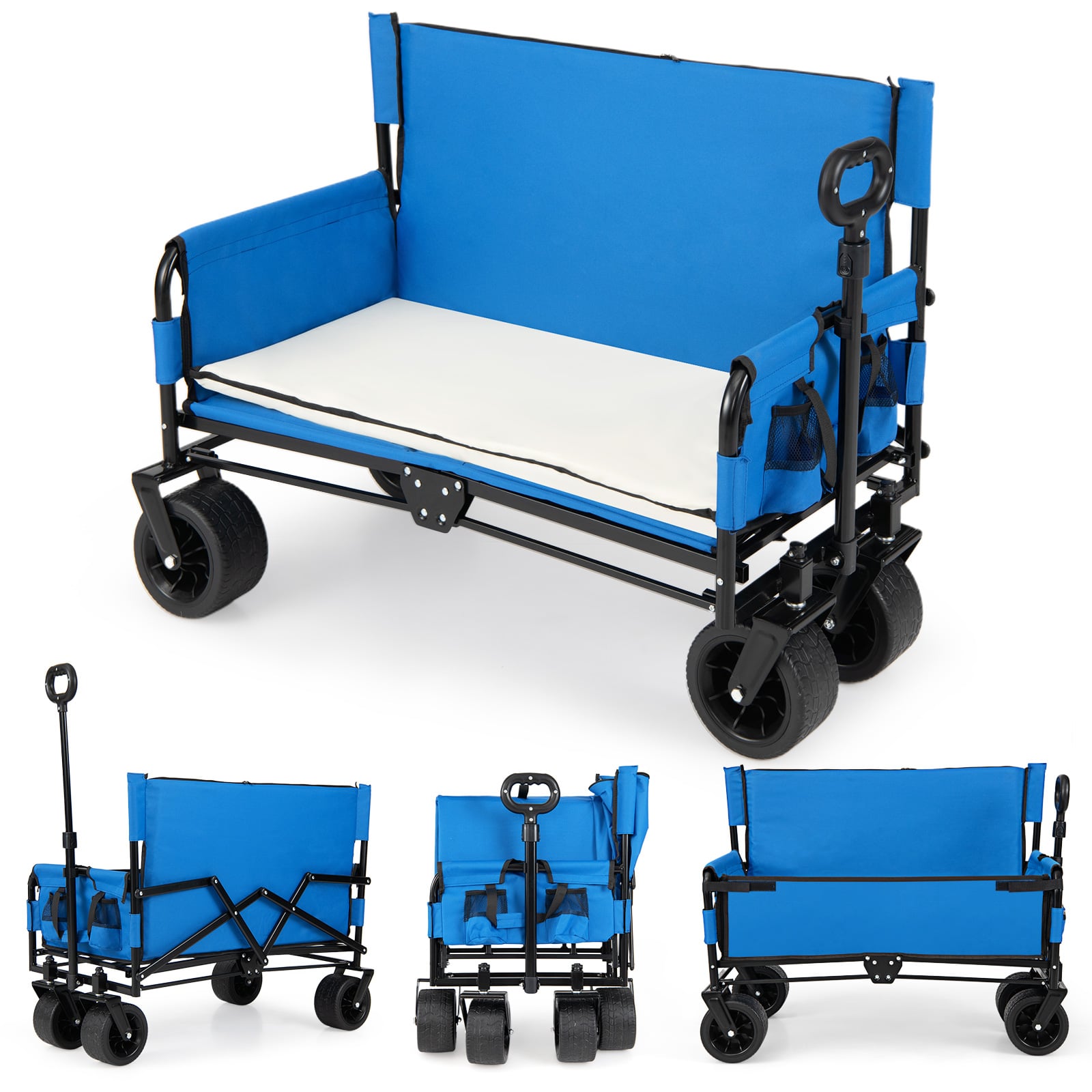 2-in-1 Bollerwagen mit Sitzbank faltbarer Strandwagen mit verstellbarem Schiebe-/Ziehgriff Blau