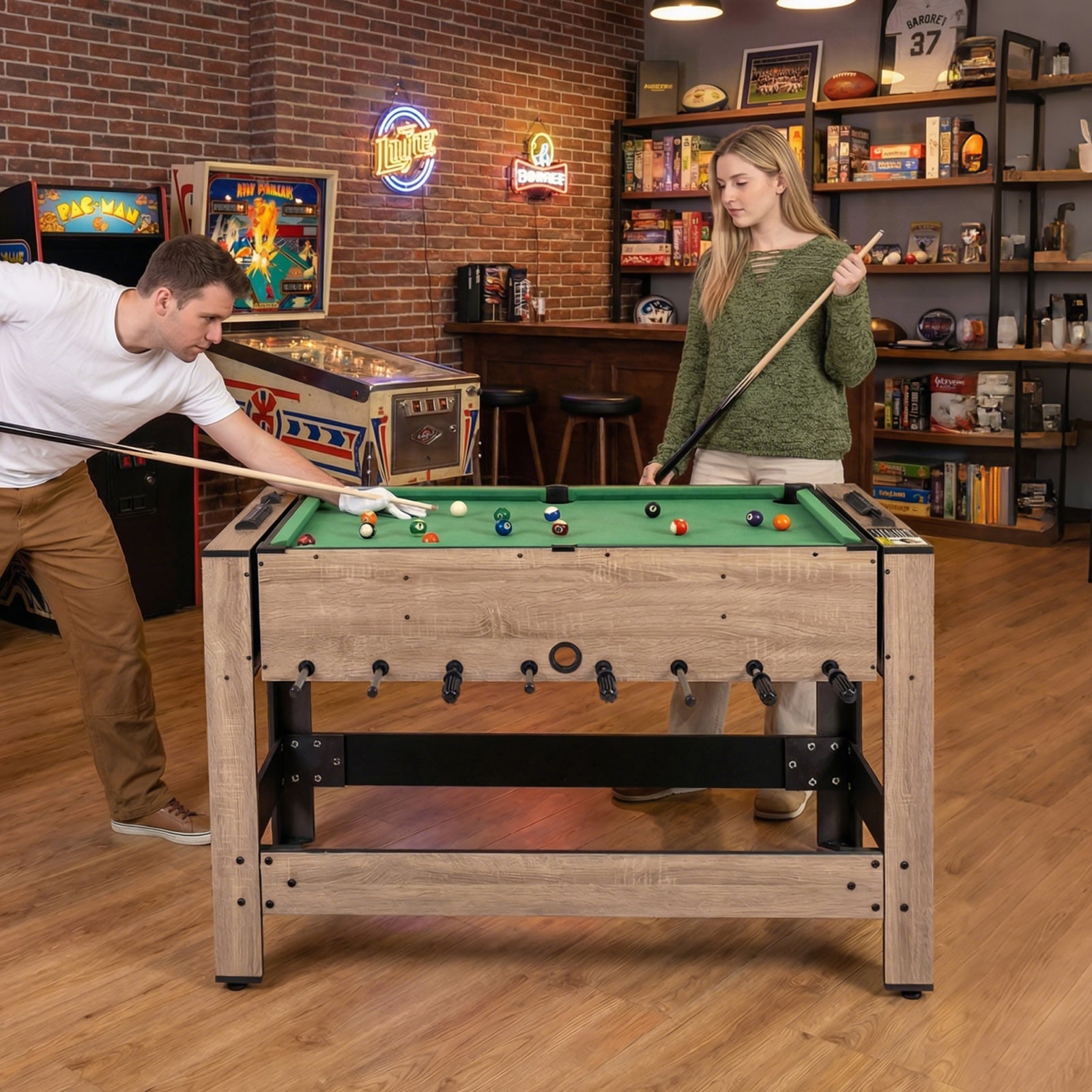 2 in 1 Drehbarer Spieltisch 124 cm Kickertisch & Billard Kombination Spieltisch-Set für Jugendliche Braun