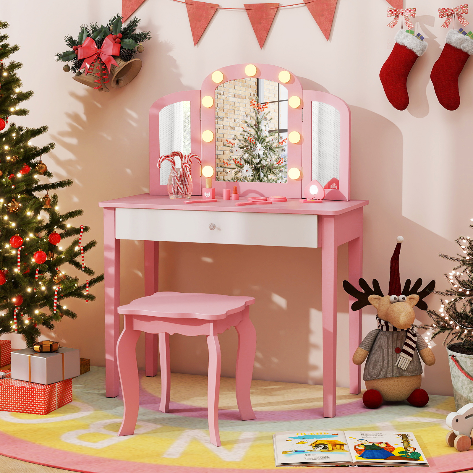 2 in 1 Kinder Schminktisch Set mit Abnehmbarem Spiegel & 3 Lichtfarben Makeup-Tisch Rosa