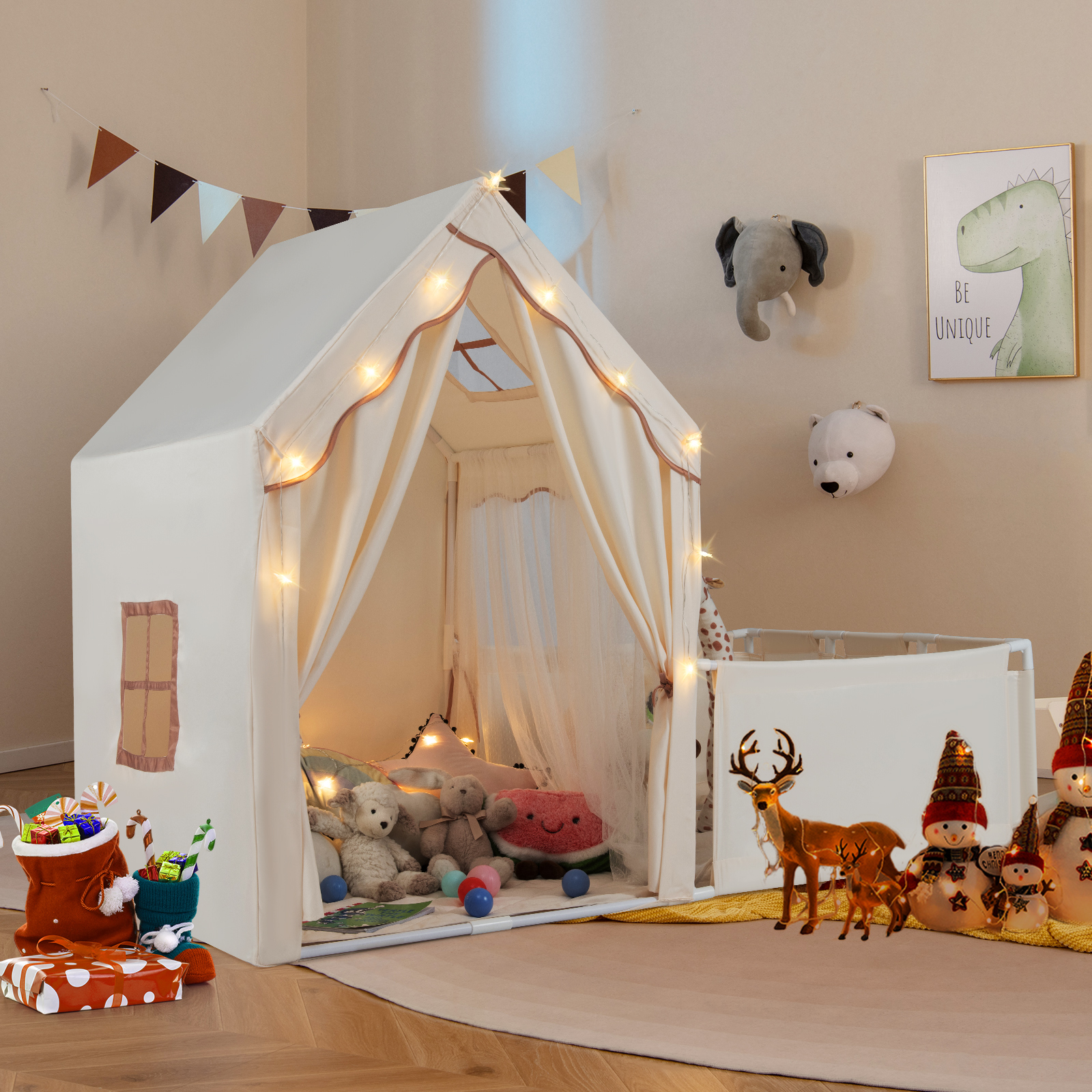 2 in 1 Kinderzelt & Laufgitter mit Lichterkette & Abwaschbarer Matte Kinder Spielhaus Spielzelt Beige