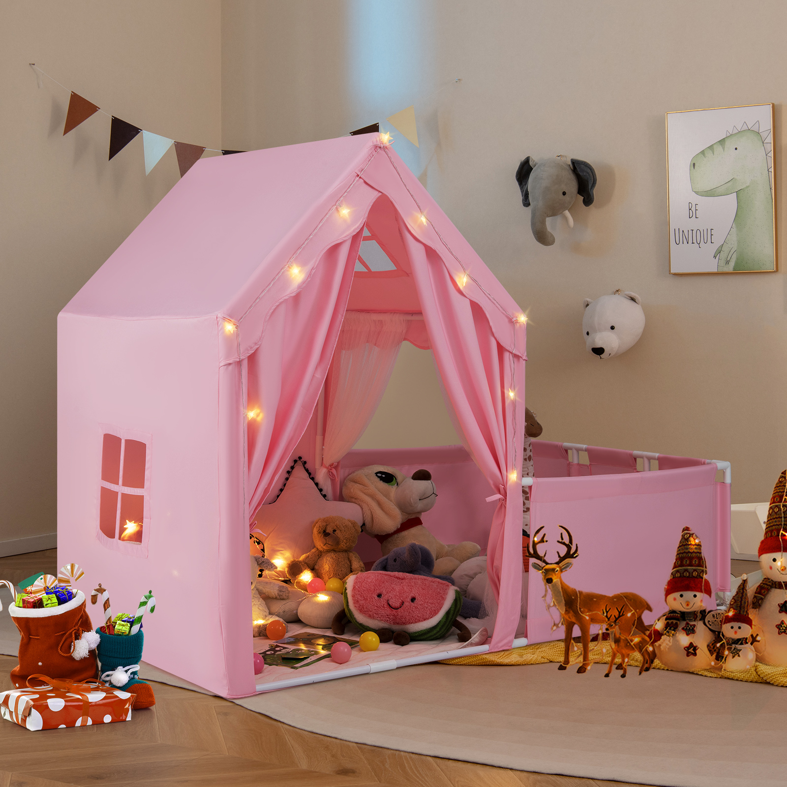 2 in 1 Kinderzelt & Laufgitter mit Lichterkette & Abwaschbarer Matte Kinder Spielhaus Spielzelt Rosa