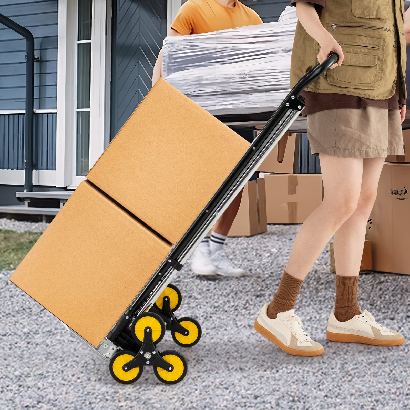 2-in-1 Klappkarre & Leiter Aluminium 3-Stufen Hocker mit rutschfesten Pedalen Schwerlast tragbarer Sackkarren Silber