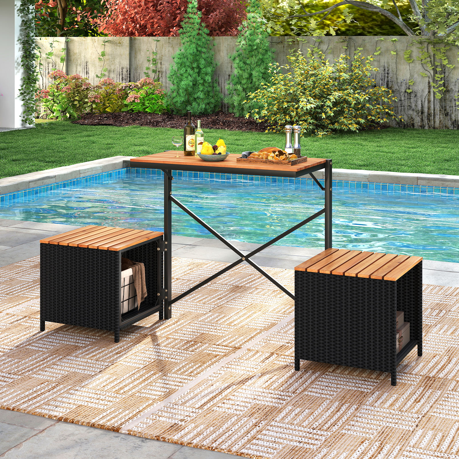 2-in-1 Outdoor Klappbank wandelbarer Picknicktisch & Gartenbank mit Metallrahmen Schwarz
