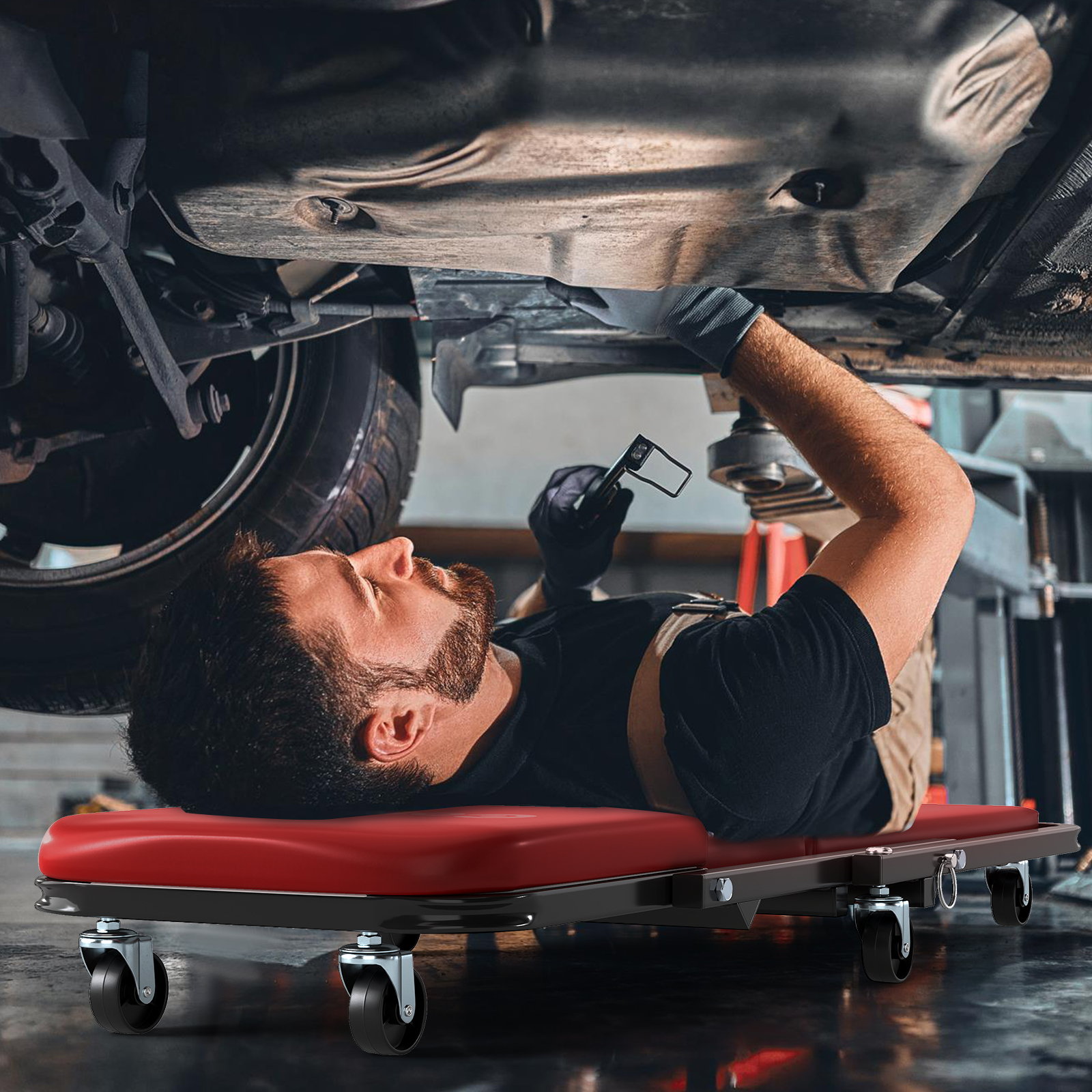 2 in 1 Rollbrett Werkstatt Montagerollbrett mit 6 Rollen & Gepolstertem Sitz bis 150 kg Belastbar Rot