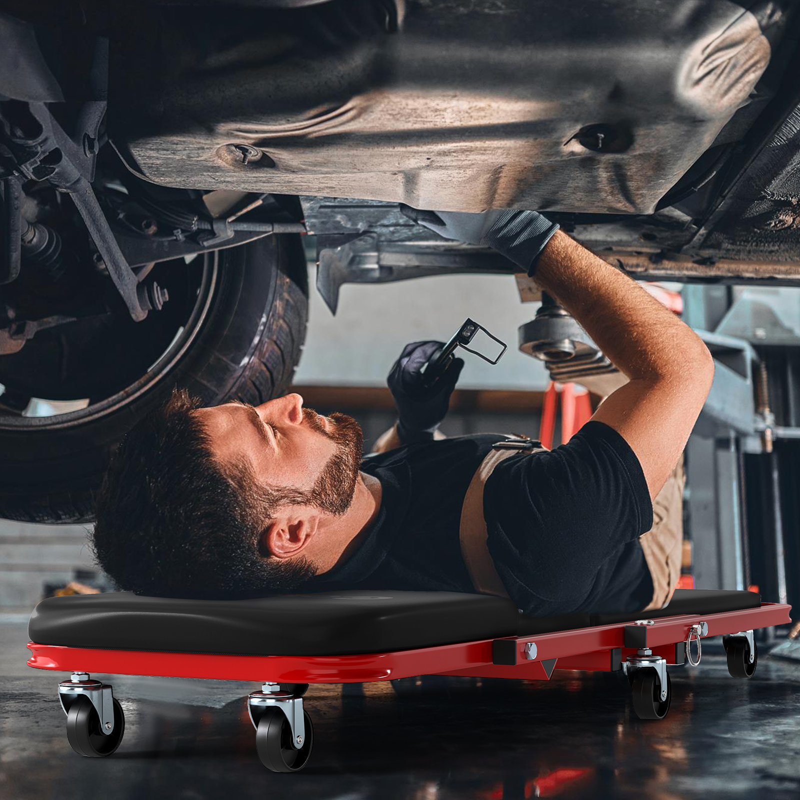 2 in 1 Rollbrett Werkstatt Montagerollbrett mit 6 Rollen & gepolstertem Sitz bis 150 kg Belastbar Schwarz