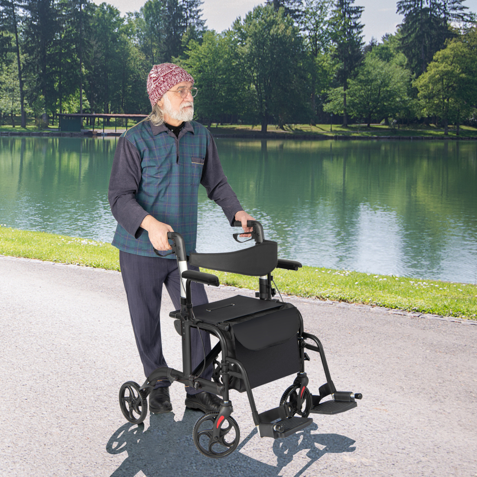 2 in 1 Rollstuhl & Reiserollator mit Tasche & Doppelten Bremsen & Stockhalter Gehwagen Rollator Schwarz