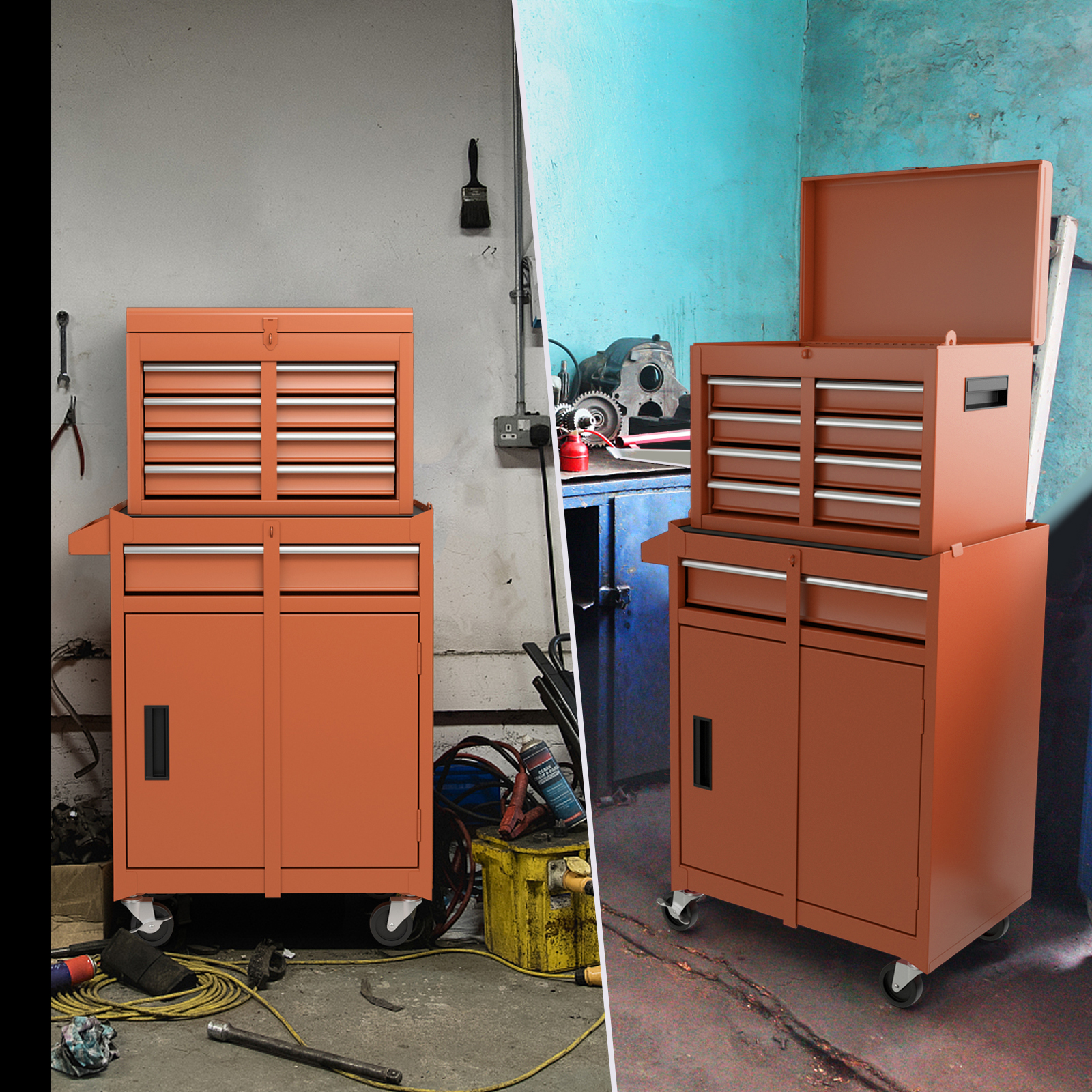 2 in 1 Werkstattwagen mit Koffer & 8 Fächer & Haken & Verstellbarem Regal 100 kg Tragkraft Orange