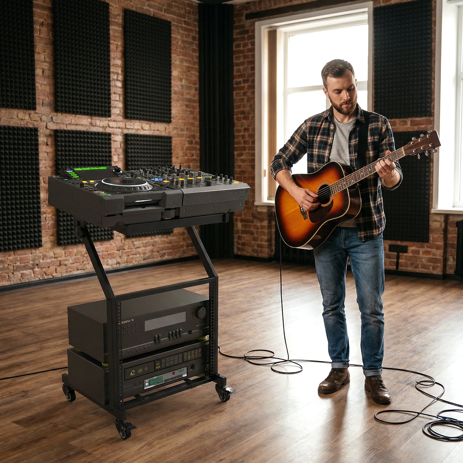 2-lagiges Professionelles Audio Rack mit Verstellbaren Querstreben & Abschließbaren Rollen Audioständer