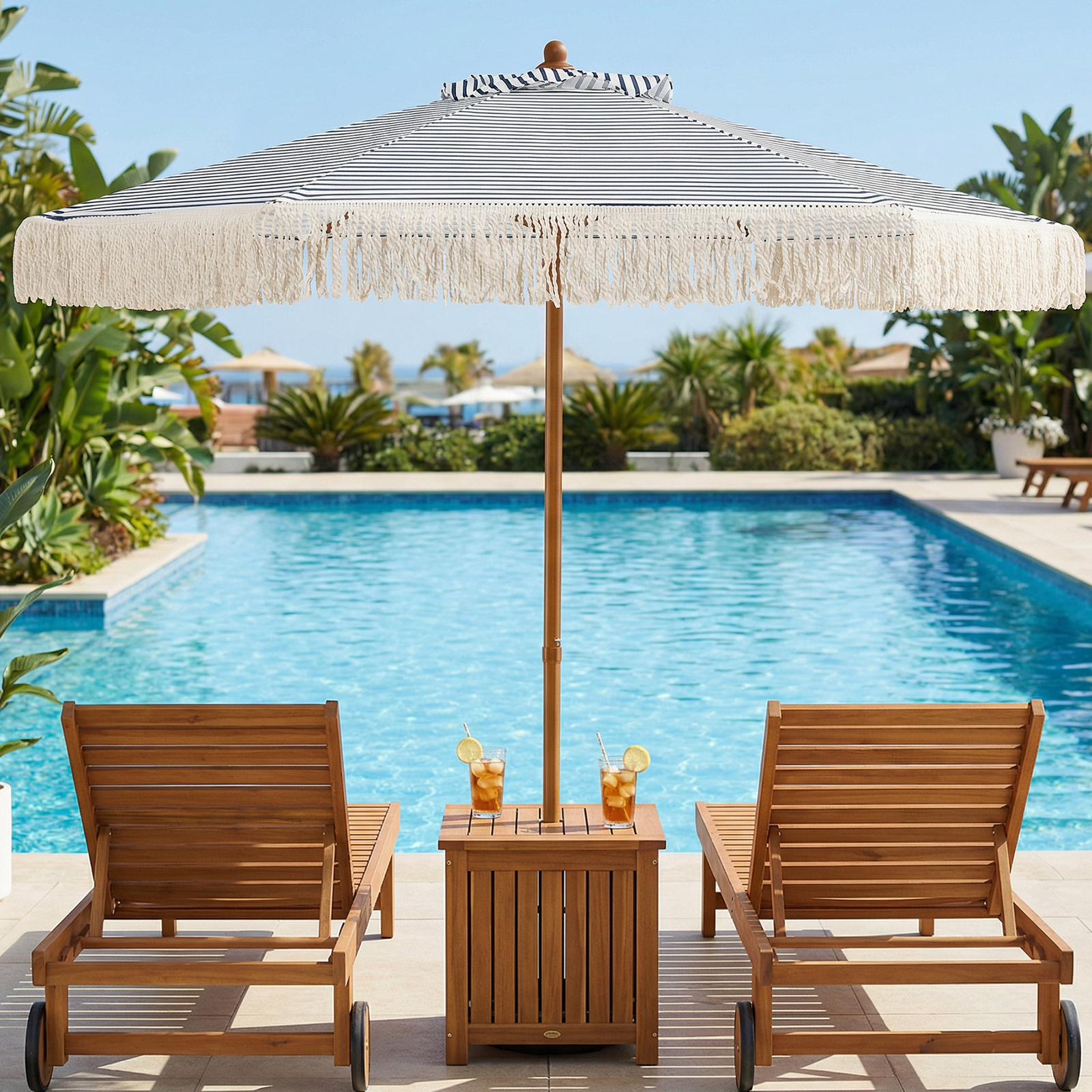 2 m Terrassenschirm mit Fransen Sonnenschirm mit 6-Rippen-Struktur und stabiler Metallstange Blau