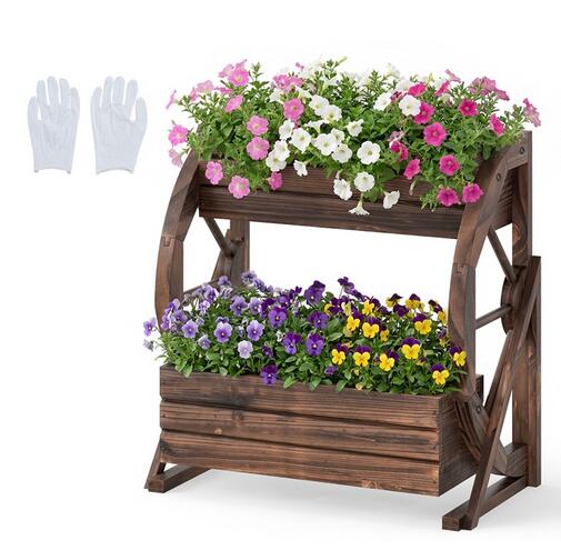 2-stöckiger Blumenkasten rustikaler Holz-Wagen-Pflanzkasten mit Ablauföffnungen Kaffee