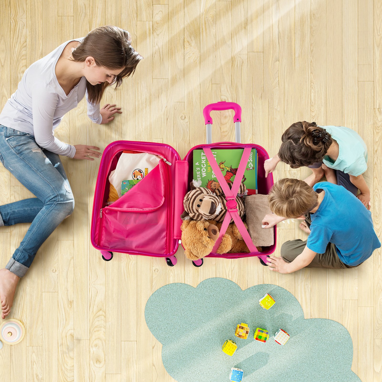 2-teiliges Handgepäck-Set mit Spinner-Rädern rollender Hartschalen-Koffer und Rucksack Rosa Einhorn 12'+16'