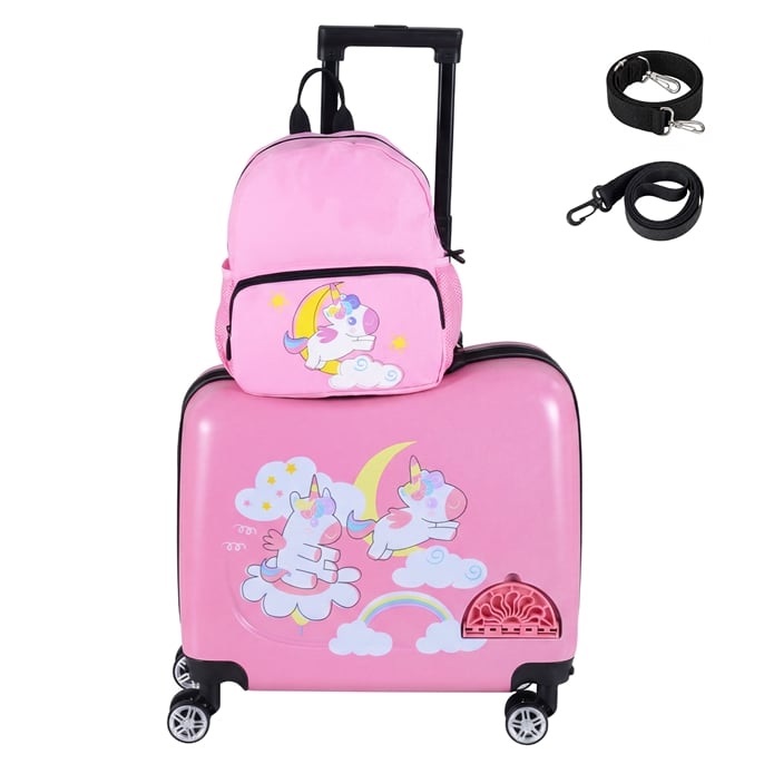 2tlg Kinderkoffer + Rucksack 12'+18' Kindertrolley mit Rollen Rosa (Einhorn)