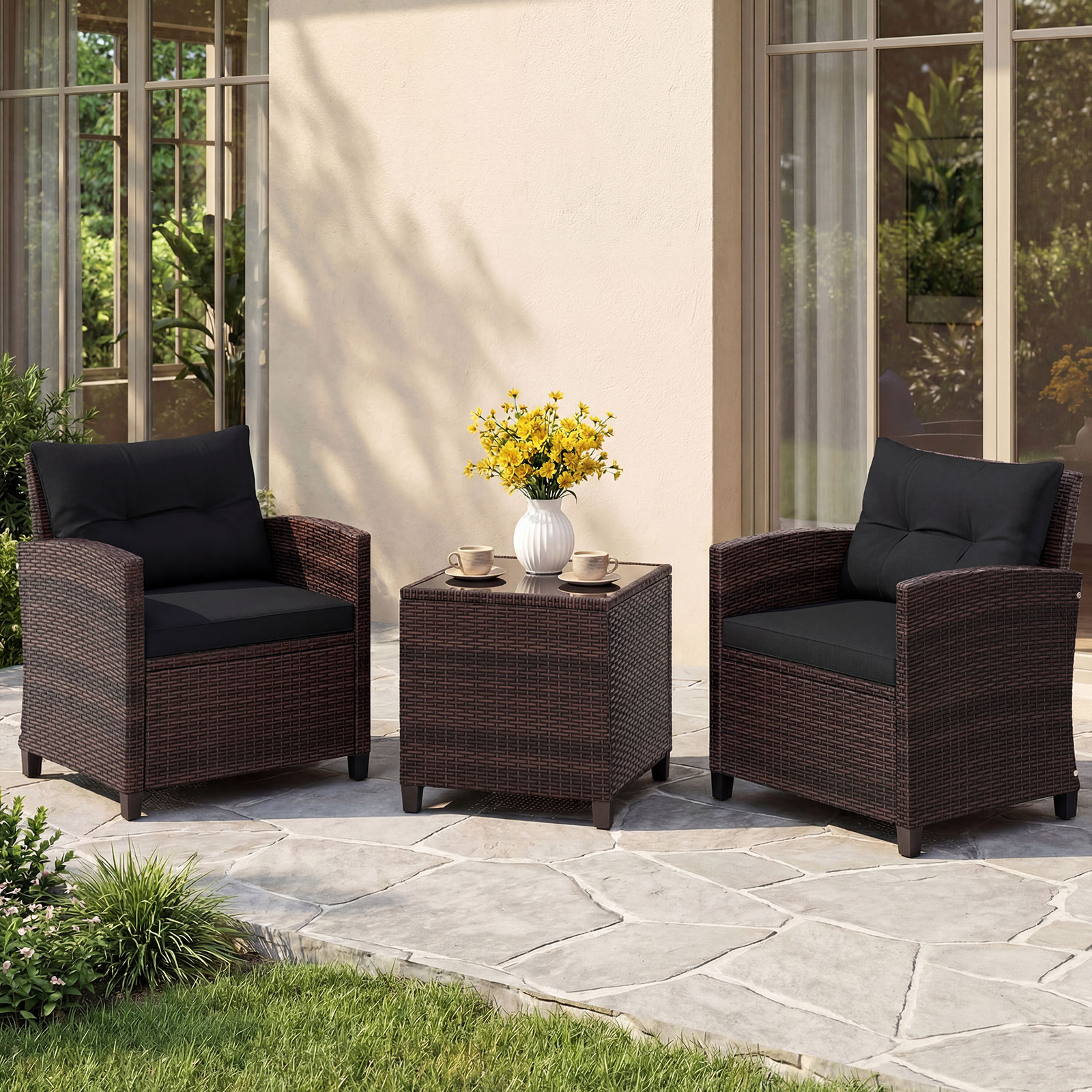 3-TLG. Rattan Gartenmöbel Set Balkonmöbel Gartenlounge mit Sitzkissen & Couchtisch Schwarz