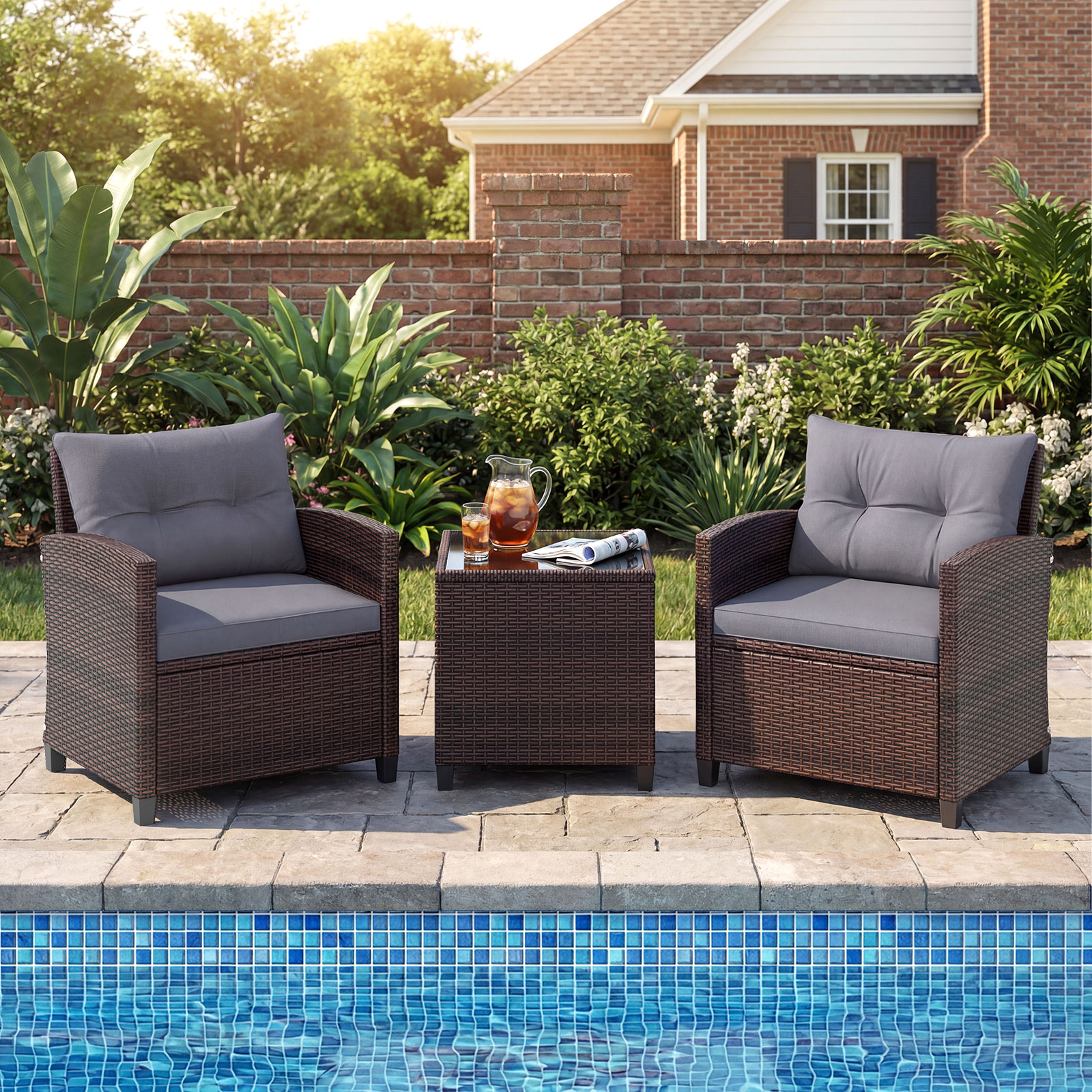 3-TLG. Rattan Gartenmöbel Set inkl. 2 Sessel & 1 Beistelltisch Polyrattan Sitzgruppe Grau