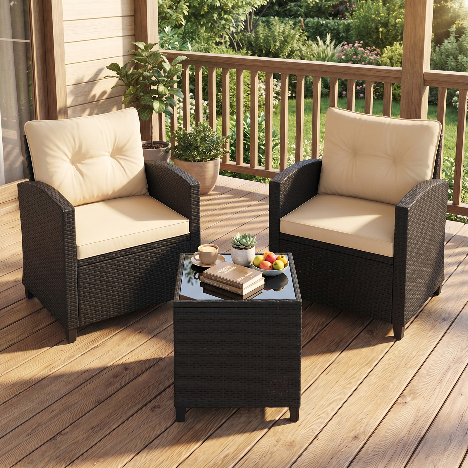 3 TLG. Rattan Gartenmöbel Set inkl. 2 Sessel & 1 Beistelltisch Sitzgarnitur mit Kissen Sitzgruppe Beige