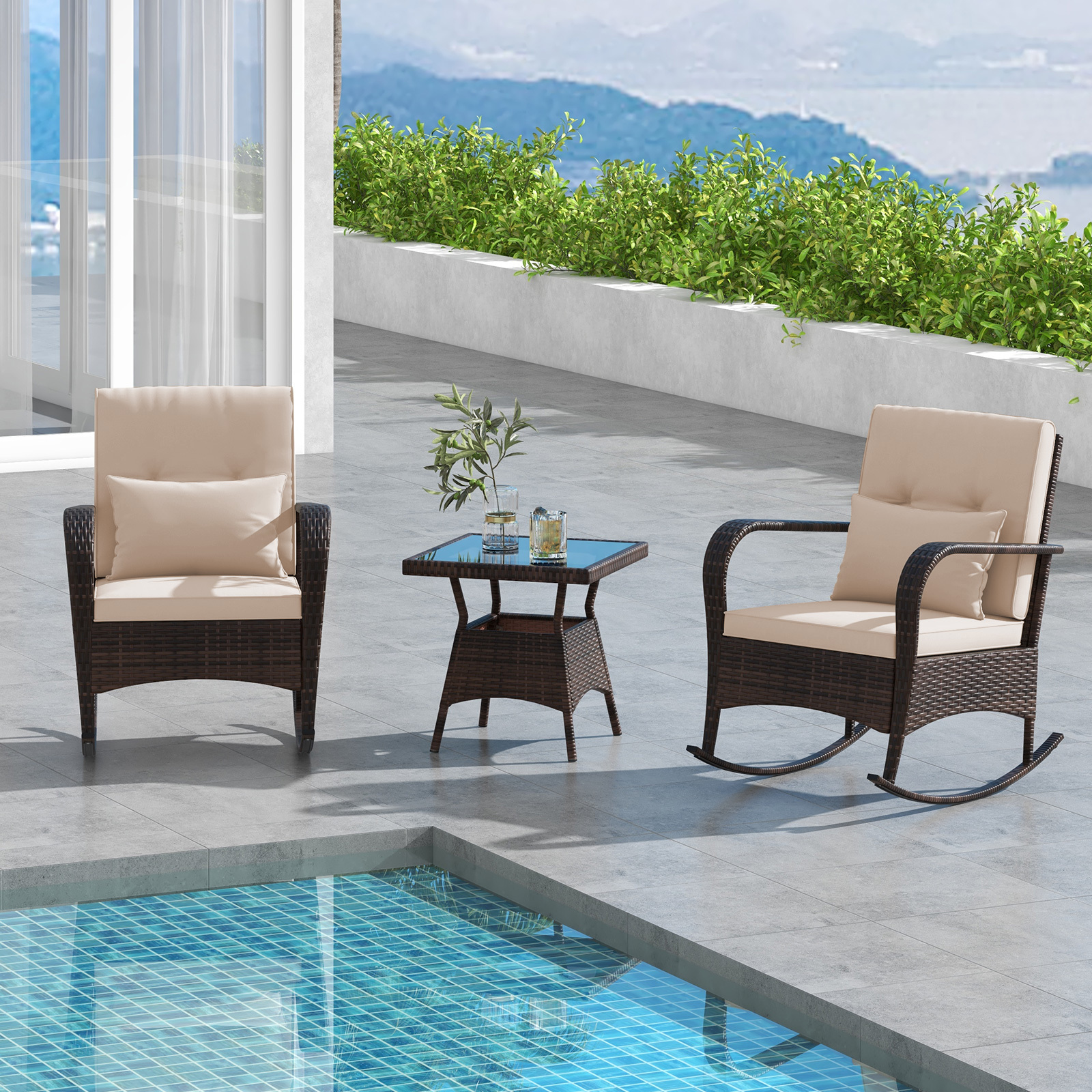 3-Teiliges Gartenmöbel-Set 2 Rattan Schaukelstühlen mit Glastisch Outdoor Sitzgruppe mit Metallrahmen