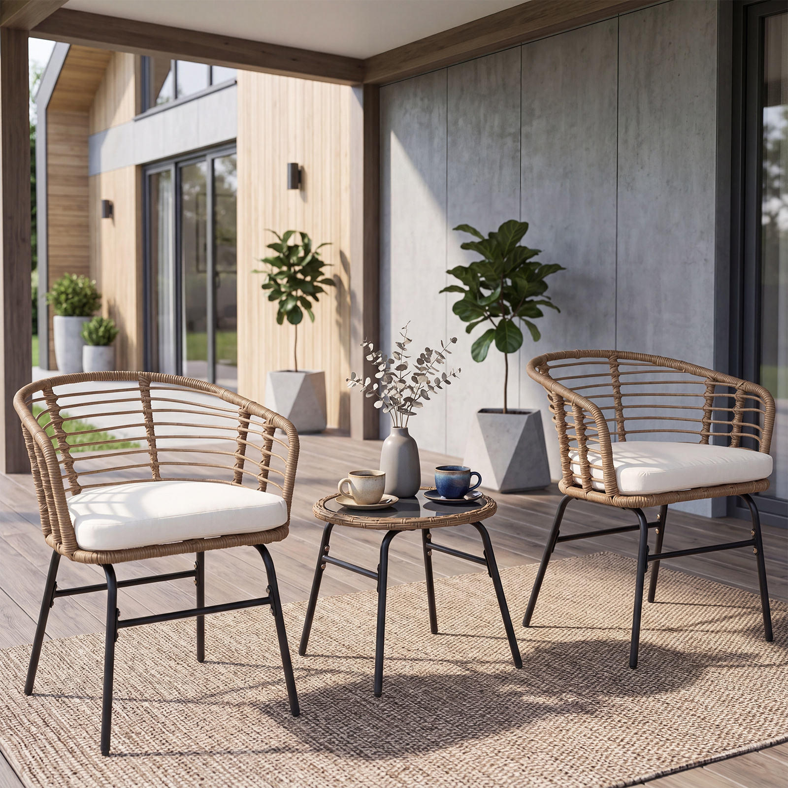 3-Teiliges Rattan Gartenmöbel Set Bistroset für 2 Personen Balkonmöbel mit Glastisch