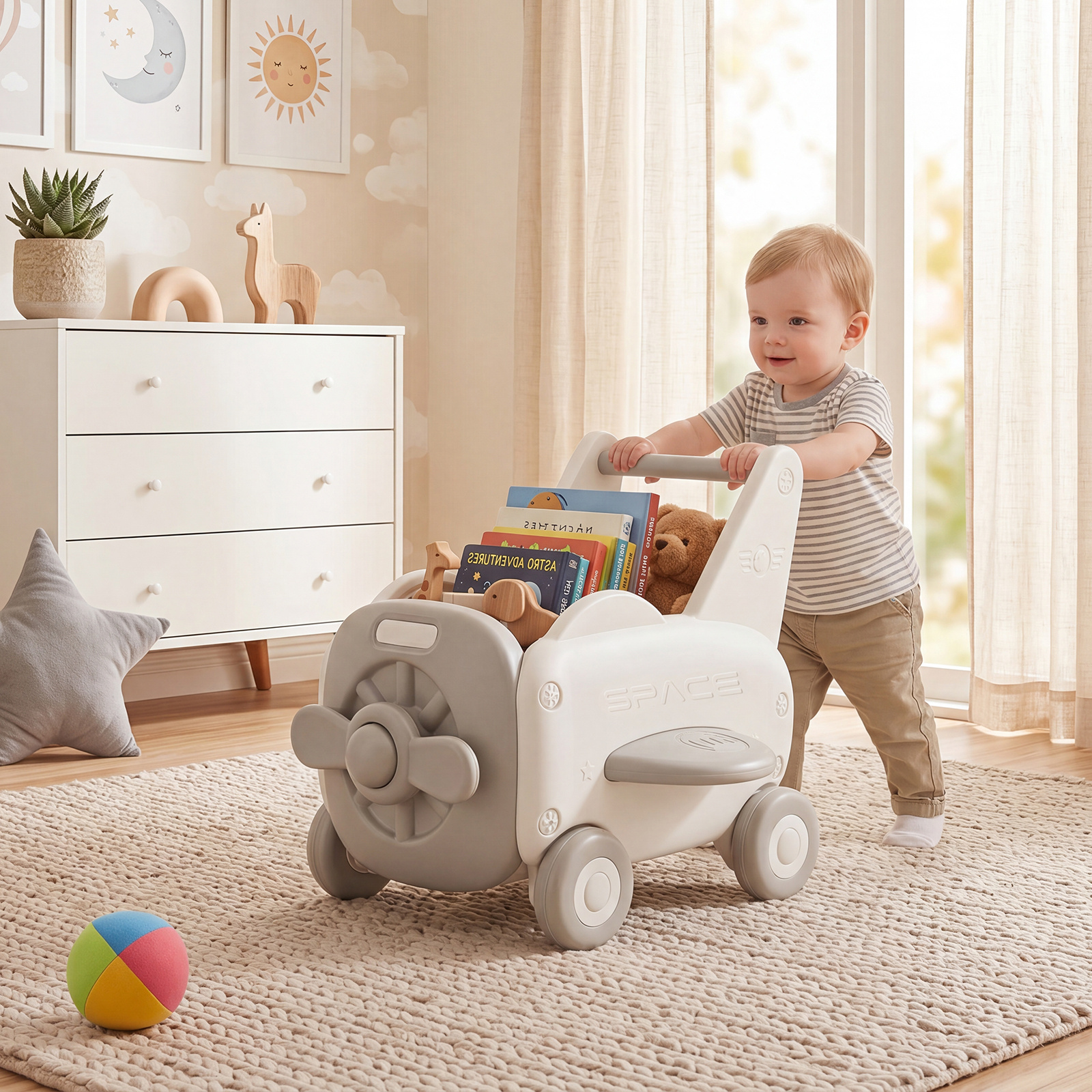 3-in-1 Baby Lauflernwagen aus Kunststoff Lauflernhilfe mit Klappbarer Sitz Stauraum Rädern Zugseil & Griff