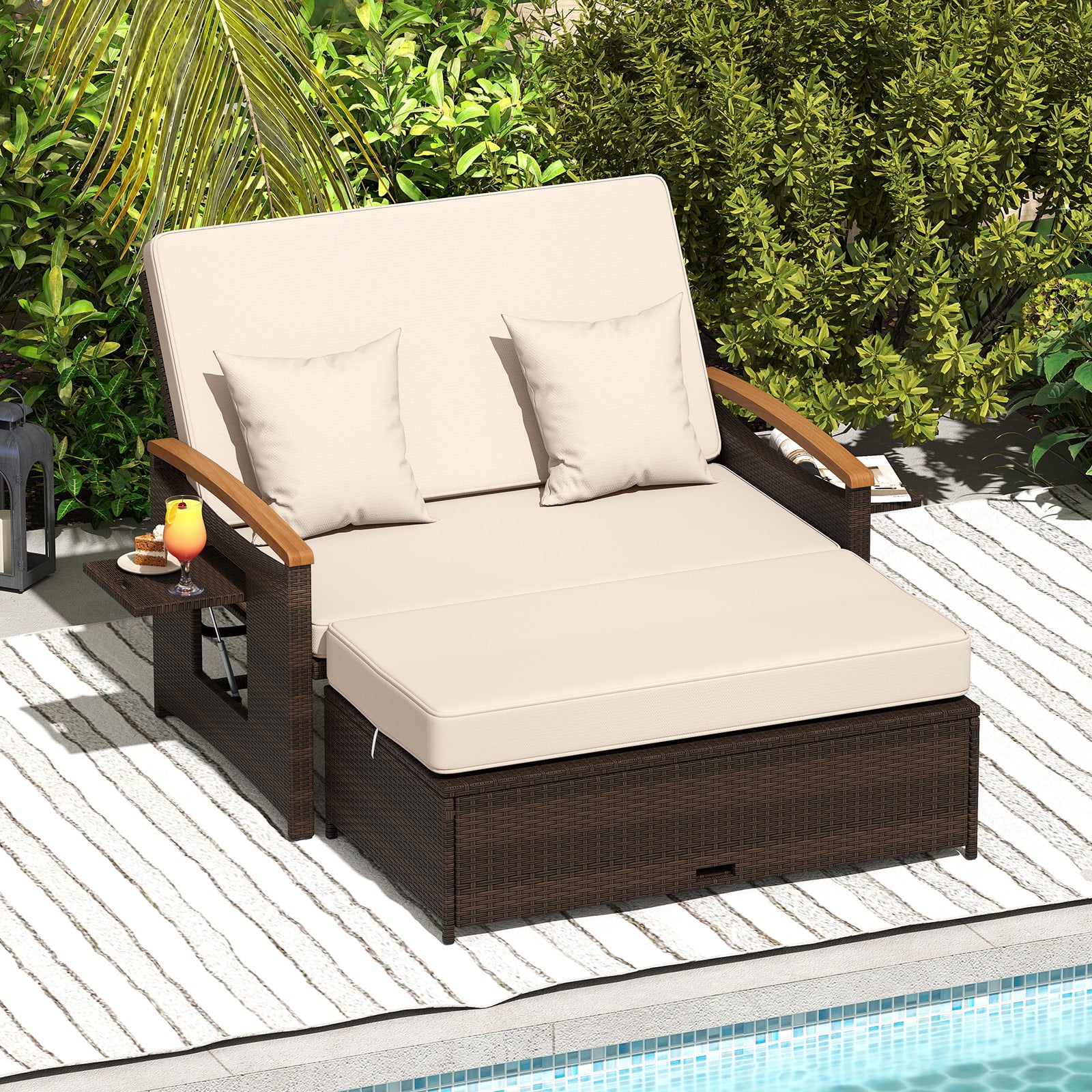 3 in 1 Garten Doppelliege Tagesbett Rattan Gartensofa mit 4-stufig Verstellbarer Rückenlehne
