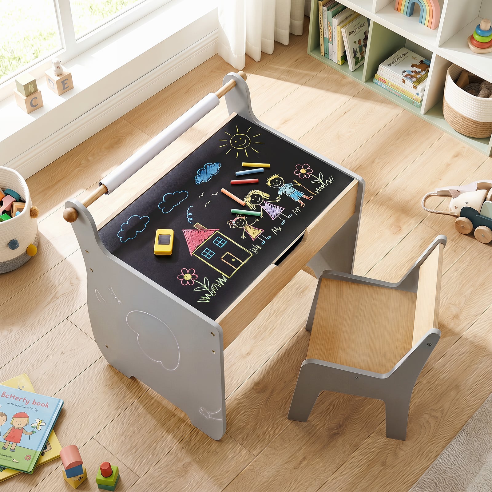 3 in 1 Holz Kindersitzgruppe mit Wendbarer & Abnembarer Tischplatte Kindertisch mit Stuhl Grau