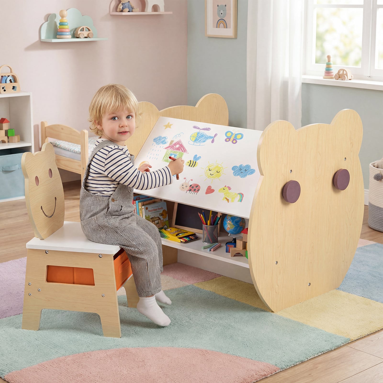 3 in 1 Kindertisch mit Stuhl Aktivitätsset mit Wendbarer Kreidetafel und Whiteboard Natur + Weiß