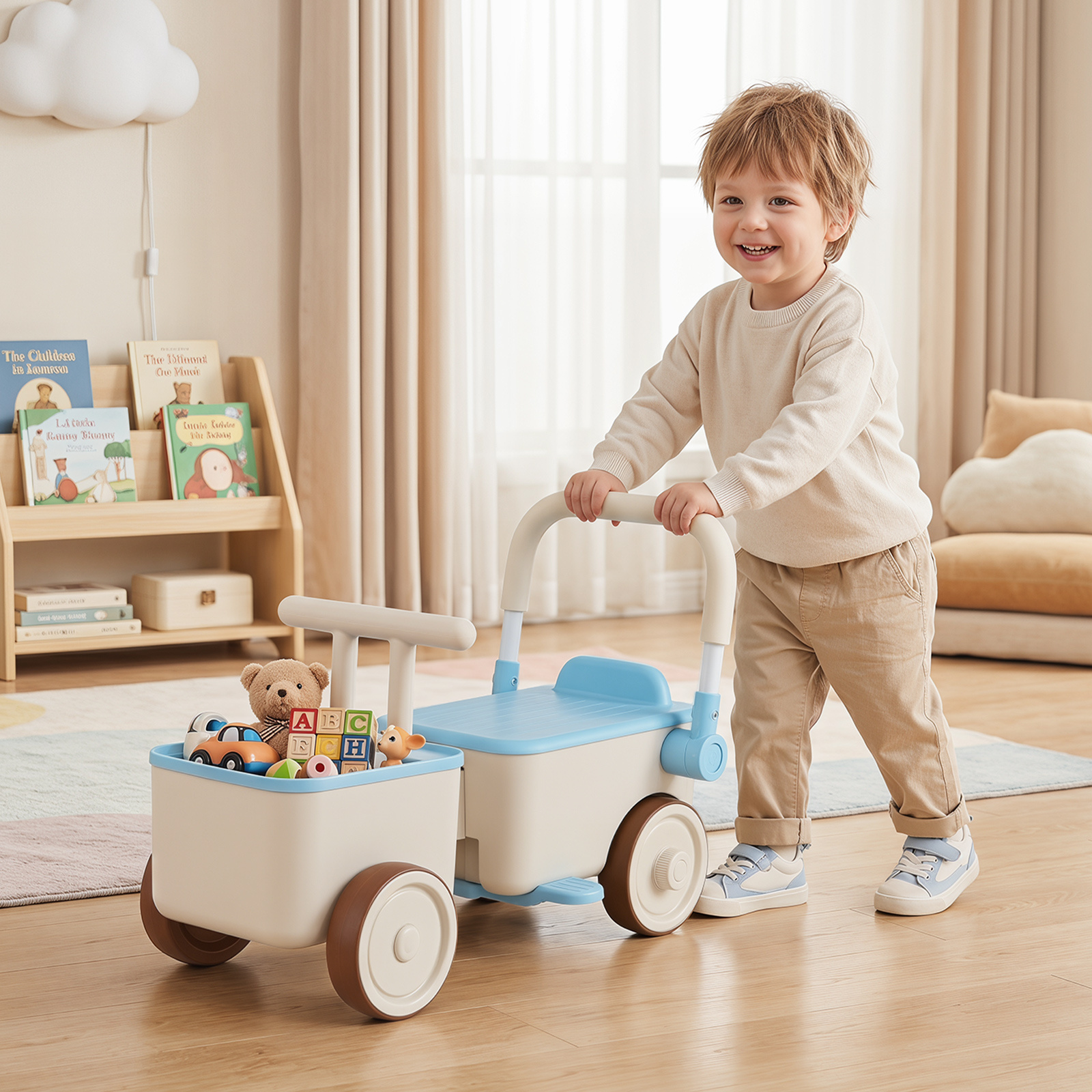 3 in 1 Kinderwagen mit Rollen Schiebe-Zieh-Lauflernwagen mit Stauraum & Klappbarem Griff Blau