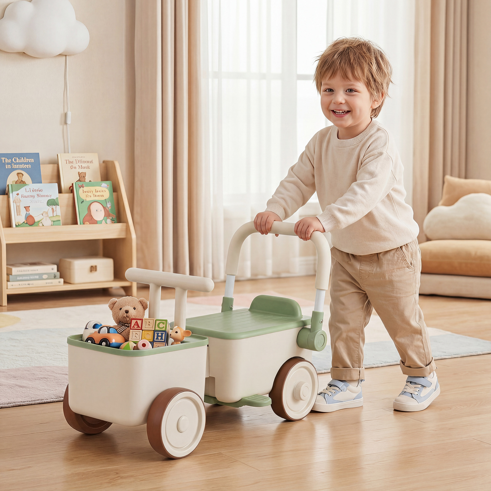 3 in 1 Kinderwagen mit Rollen Schiebe-Zieh-Lauflernwagen mit Stauraum & Klappbarem Griff Grün