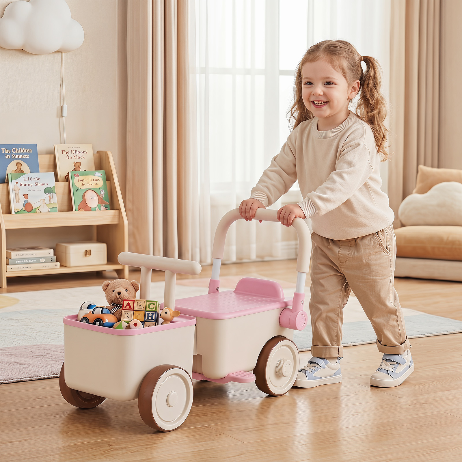 3 in 1 Kinderwagen mit Rollen Schiebe-Zieh-Lauflernwagen mit Stauraum & Klappbarem Griff Rosa