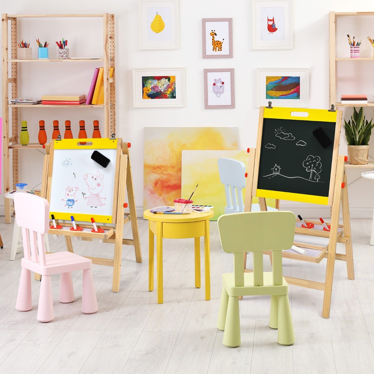 3 in 1 Kindertafel Klappbar Höhenverstellbare Holztafel für Kinder 50,5 x 53,5 x 79-104 cm Natur + Gelb