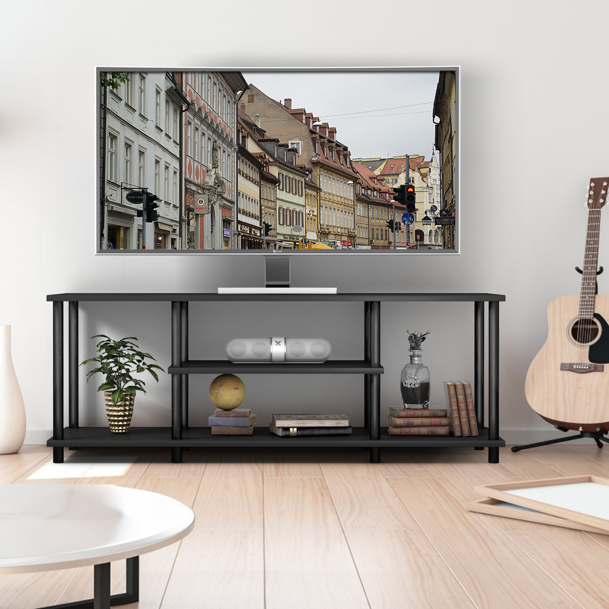 3-Stöckiger TV Ständer mit Massivem Metallrahmen und Offenen Spanplattenregalen Schwarz