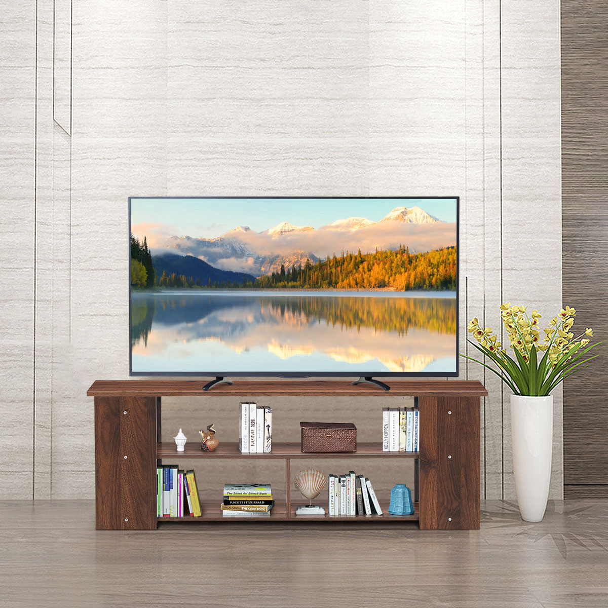 3-stufiger TV Schrank mit Massivholzrahmen & Offenen Ablagefächern 110 cm Breit Kaffee