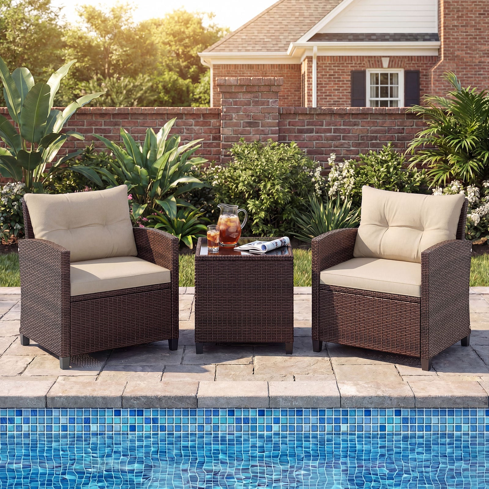 3-teiliges Terrassen-Set Outdoor-Rattan-Set Gartenmöbel Rattan mit Sitzkissen & Couchtisch Gelb + Braun