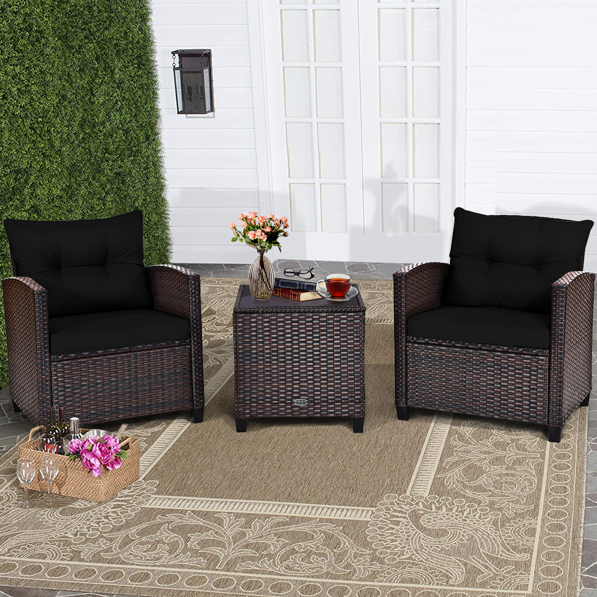 3-TLG. Rattan Gartenmöbel Set Balkonmöbel Gartenlounge mit Sitzkissen & Couchtisch Schwarz