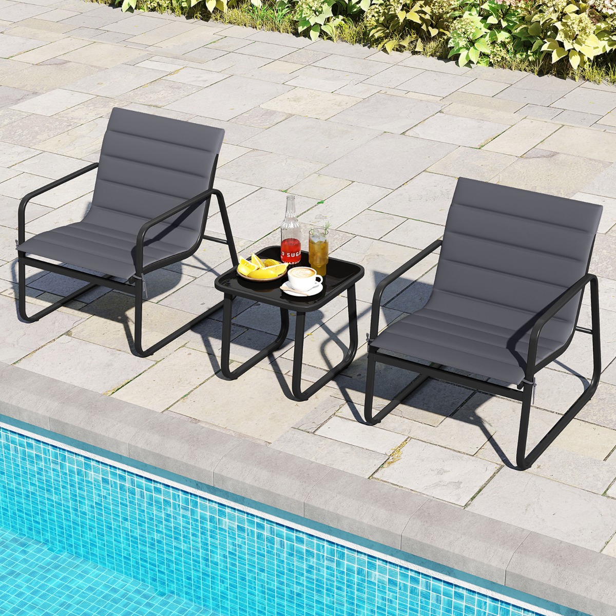 3-teiliges Bistro-Set für die Terrasse Outdoor-Stühle & Beistelltisch mit abnehmbaren Kissen Grau