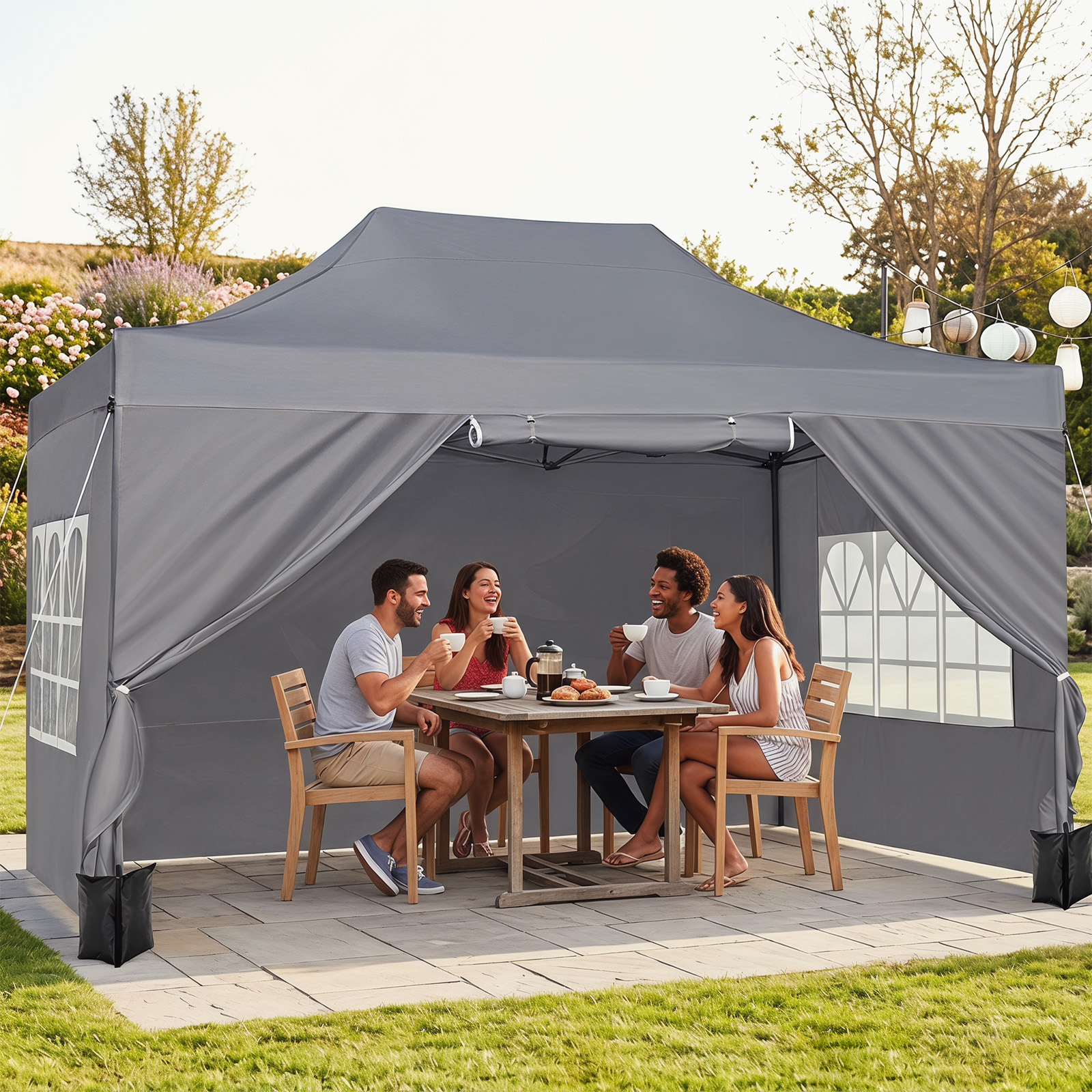 3 x 4,5 m Pop-up-Pavillon Wetterfester Faltpavillon mit 4 Seitenwänden Metallrahmen & Sandsäcken Grau