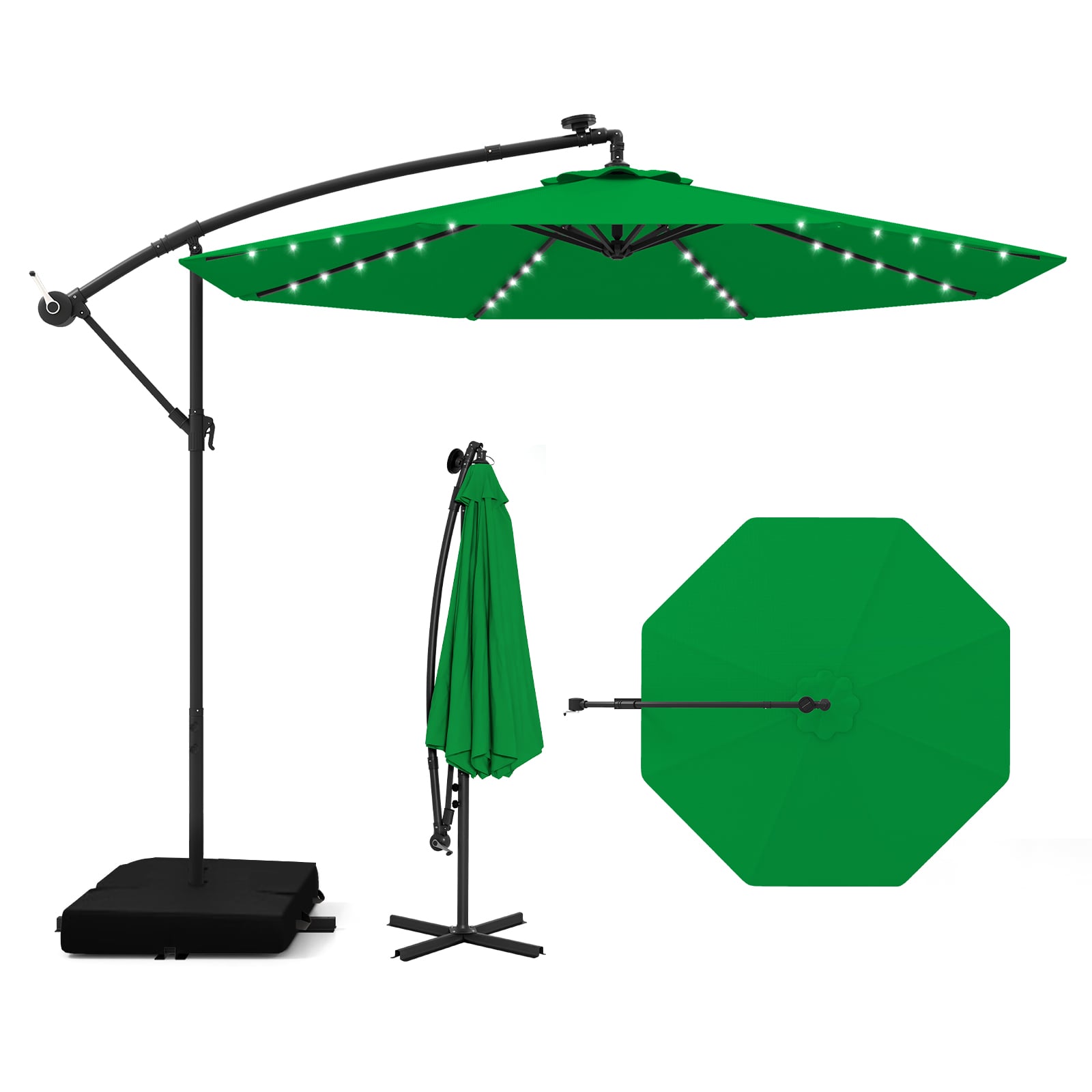 Ø300 cm Ampelschirm mit 40 Solar-LED-Leuchten & Sandsäcke & Kurbel & UV-Schutz Sonnenschirm Grün