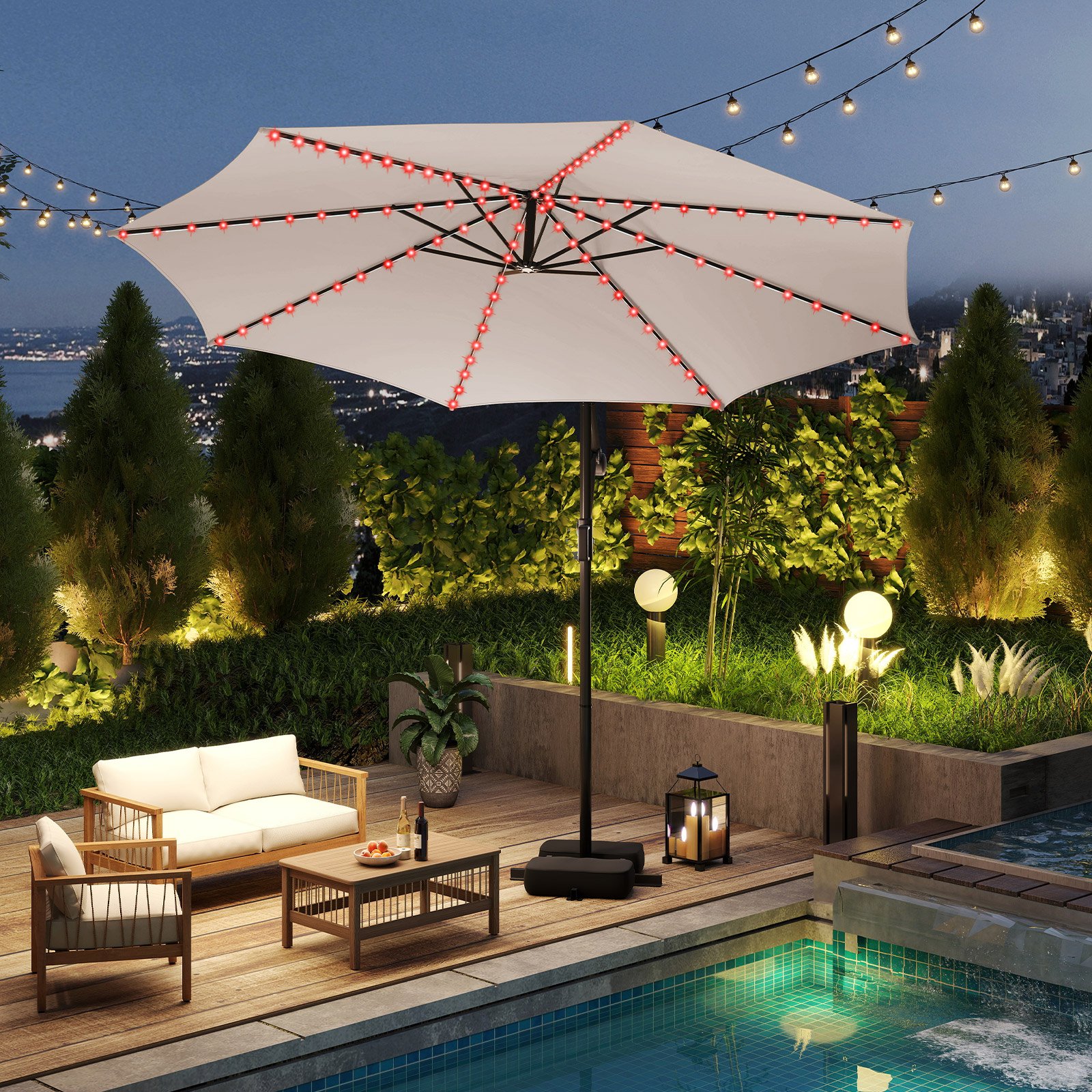 300 cm Sonnenschirm mit LED-Beleuchtung 9 Modi Ampelschirm mit Sandsäcken & Kurbel Neigungswinkel verstellbar Beige