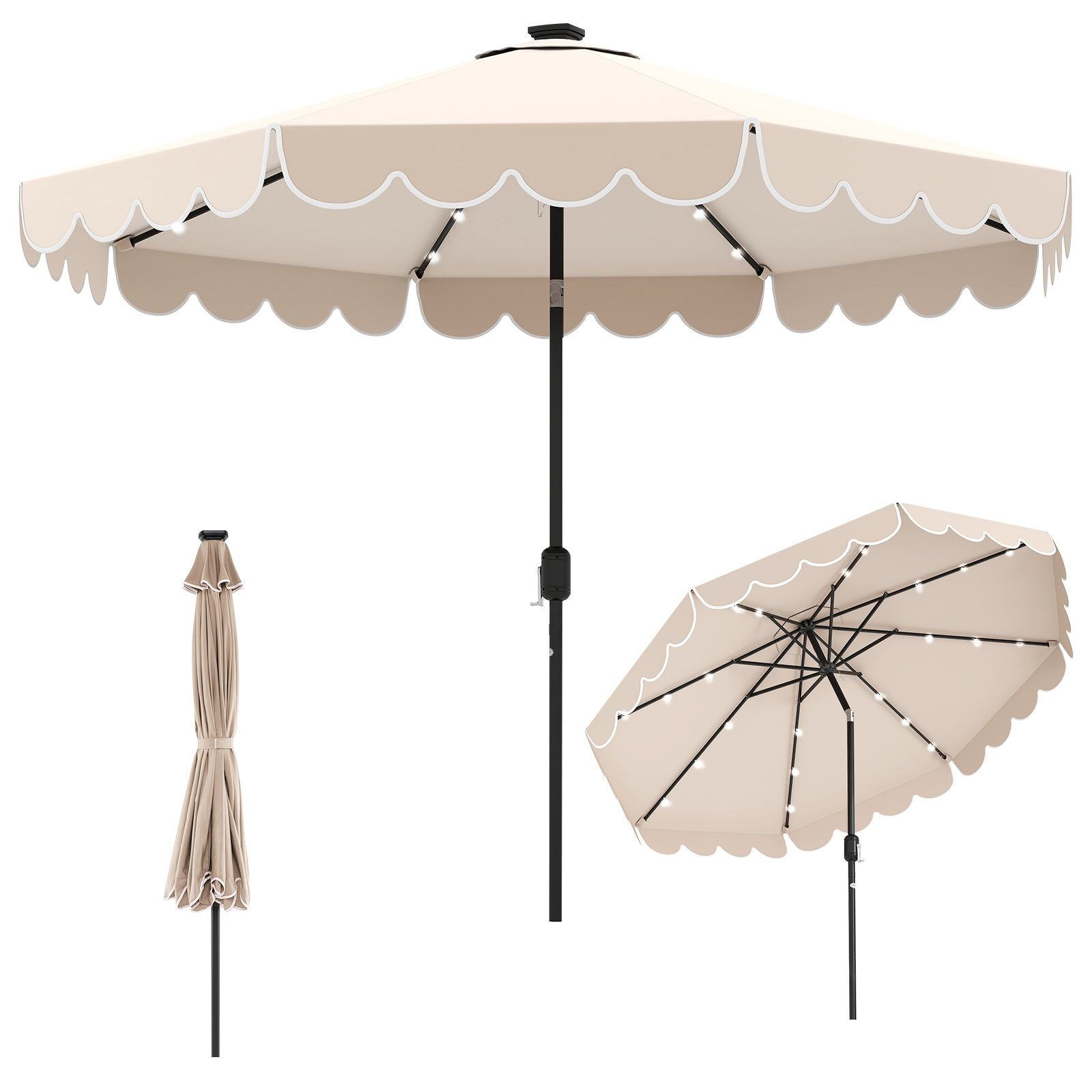 300 cm Sonnenschirm mit LED-Beleuchtung Gartenschirm mit Kurbel und Volant beidseitig um 35° knickbar Beige