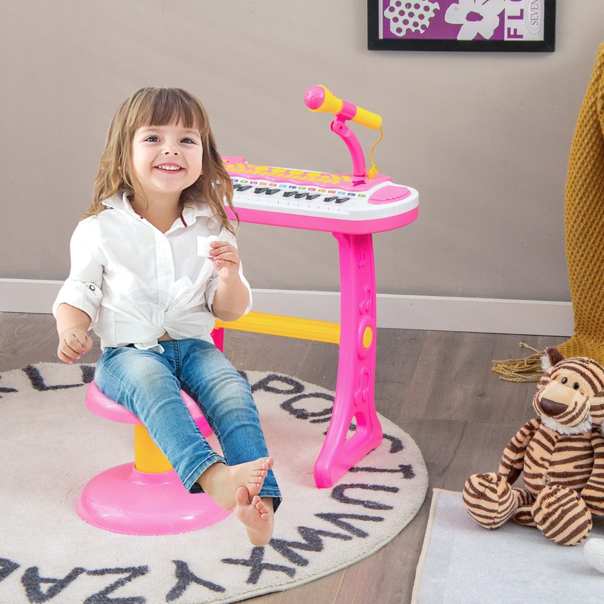Elektronisches 31-Tasten Kinder Keyboard mit Hocker & Mikrofon für Kinder ab 3 Jahr Rosa