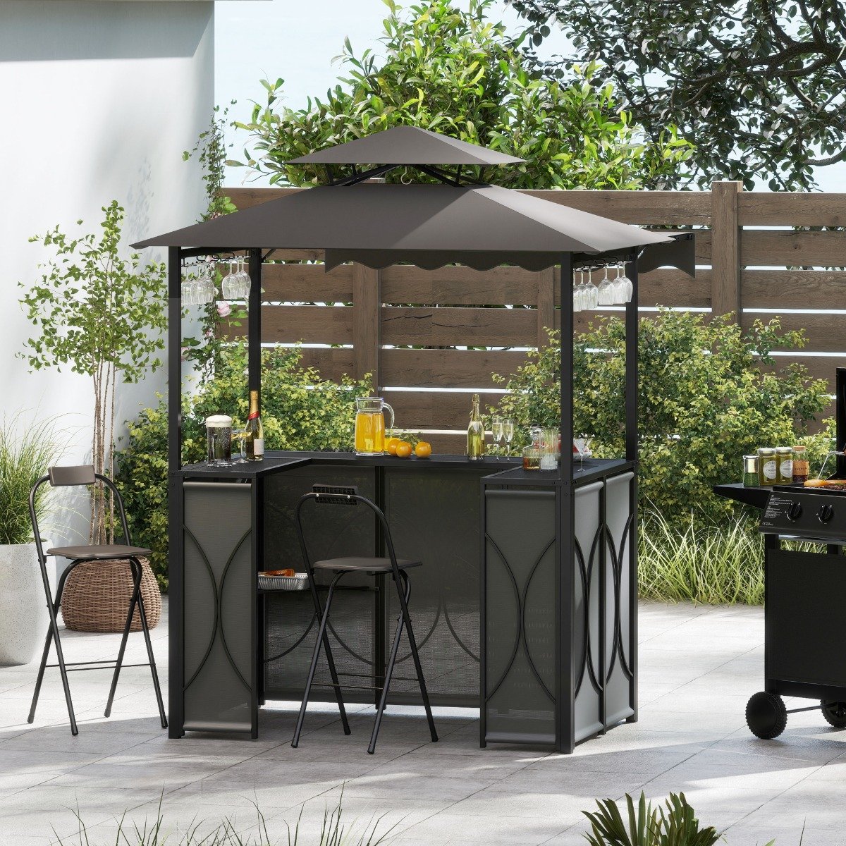 Wetterfester Grillpavillon mit Bar & 2 Barhockern Gartenpavillon mit Doppeldach & Markise Grau