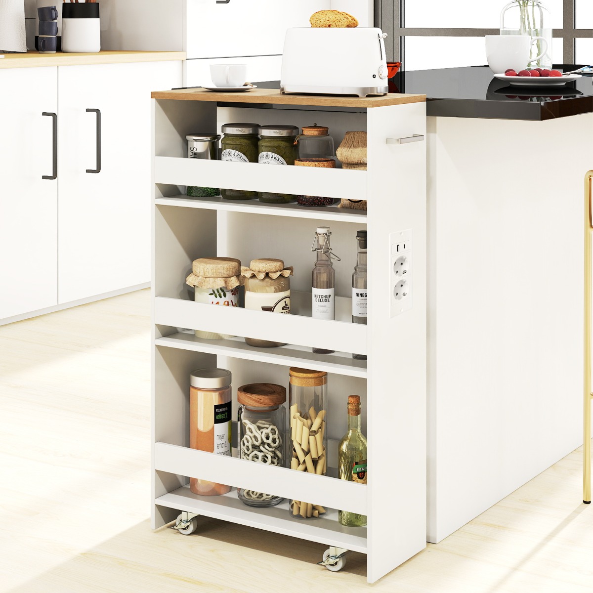 20 cm Breit Nischenwagen auf Rollen 4 Etagen Schmal Küchenwagen Servierwagen Weiß + Natur