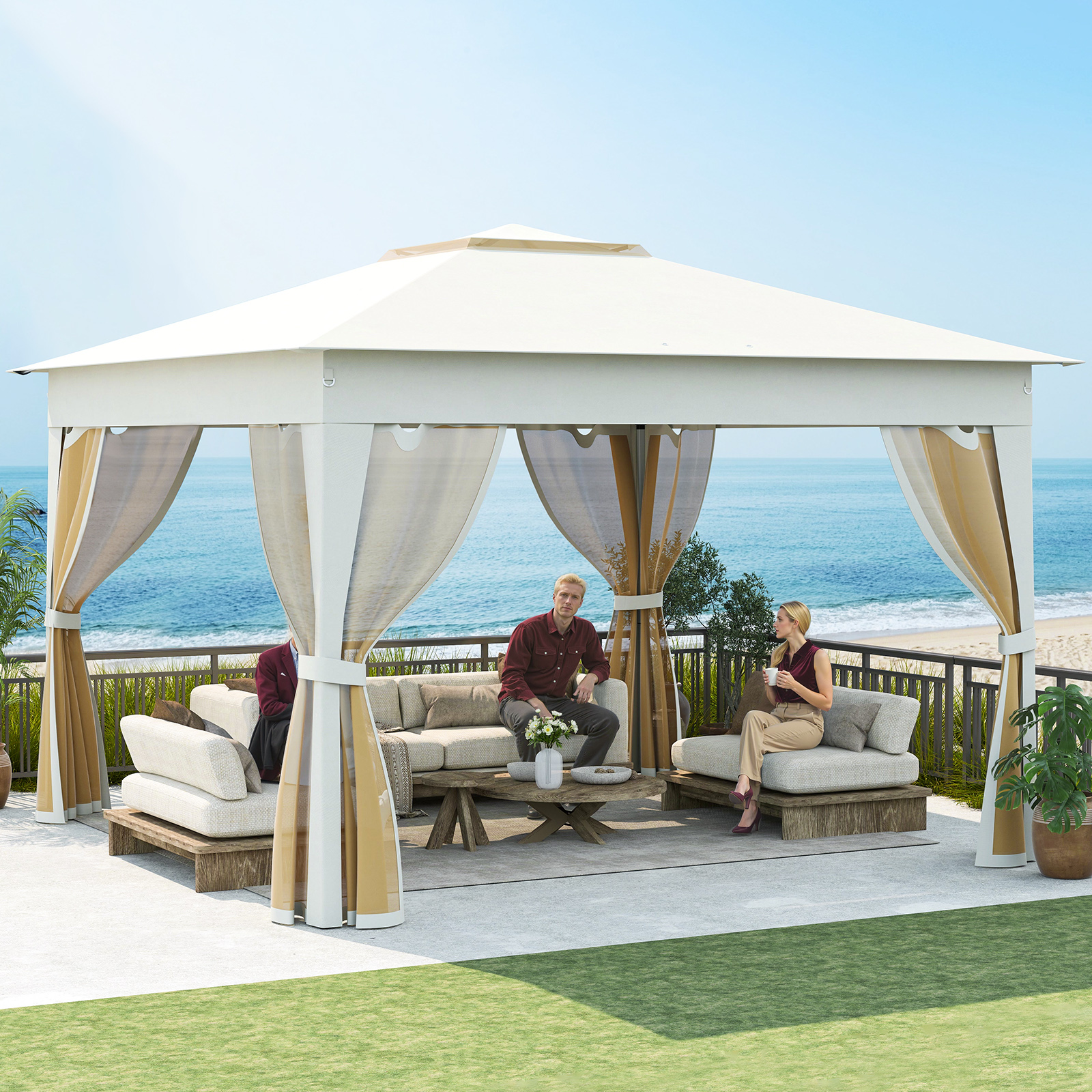 3,4 x 3,4 m Pop Up Faltpavillon mit 4 Moskitonetz & Doppeldach Gartenpavillon inkl. Tragetasche Beige