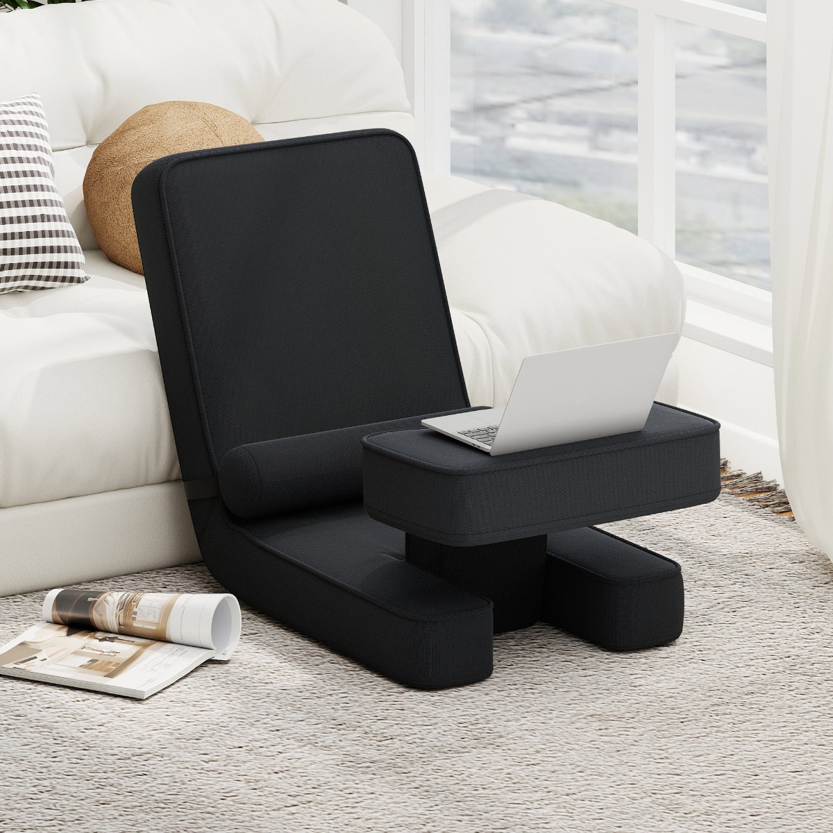Faltbares Faulsofa Gaming-Bodensessel mit 5-fach verstellbarer Rückenlehne Fußablage & Tischplatte Schwarz