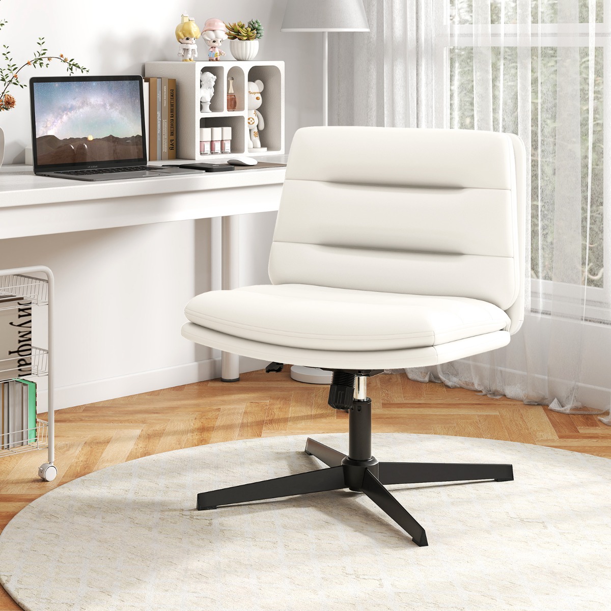 Schneidersitz Stuhl mit Dicker Polsterung Höhenverstellbarer Drehstuhl Bürostuhl Weiß